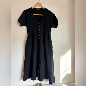 Madewell Black Button-Front Midi Dress | Size Small | Textured Cotton